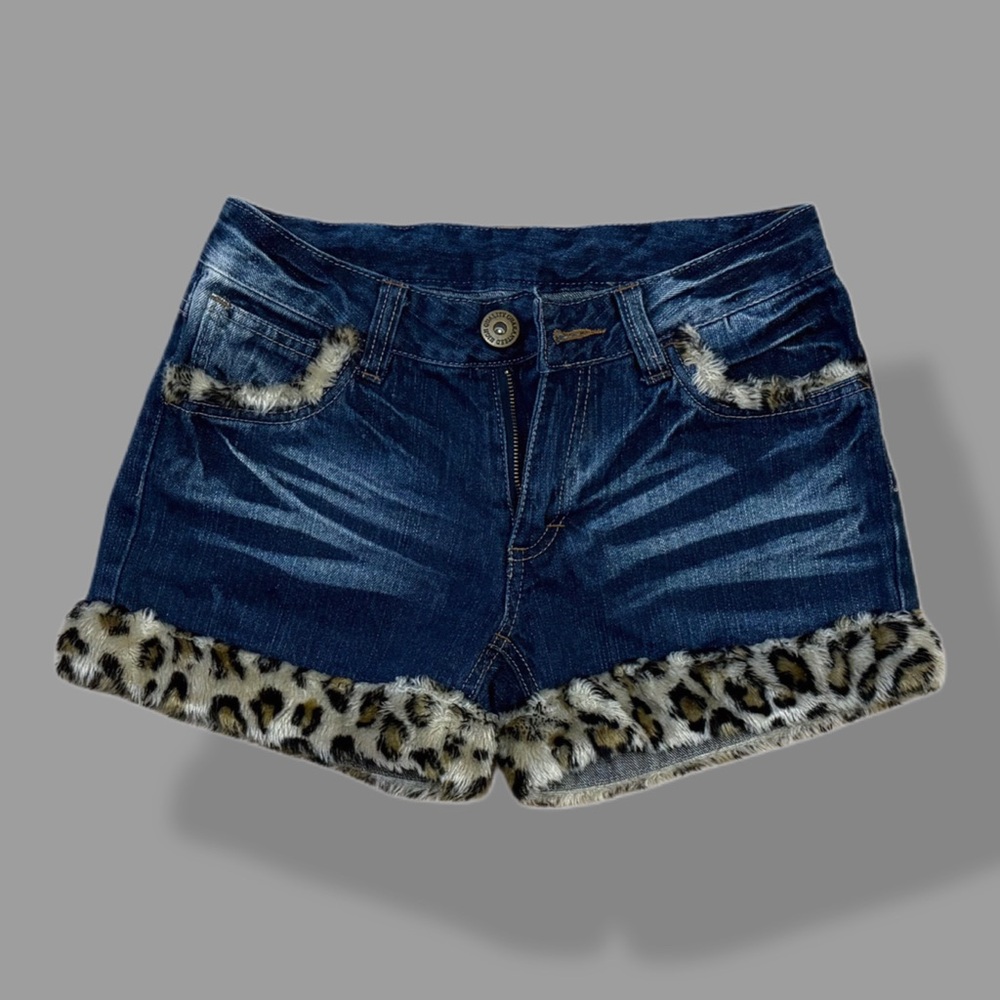 Vintage Japanese Brand Gyaru Cheetah Trim Denim Micro Shorts